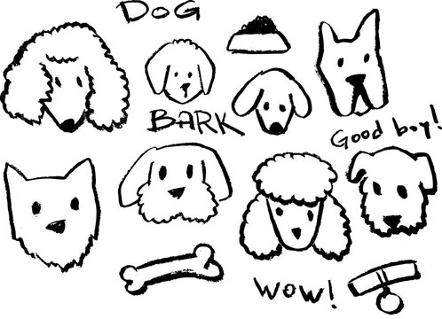 Dog doodle set, a collection of cute chalk style sketches featuring various breeds, faces, and pet items. Hand drawn collection of furry animals and words with a rough, whimsical brush texture.