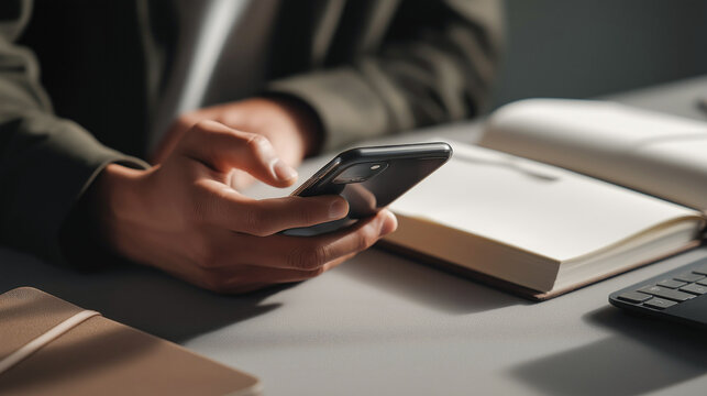 Close-up of person holding and tapping smartphone while sitting at desk with open blank notebook