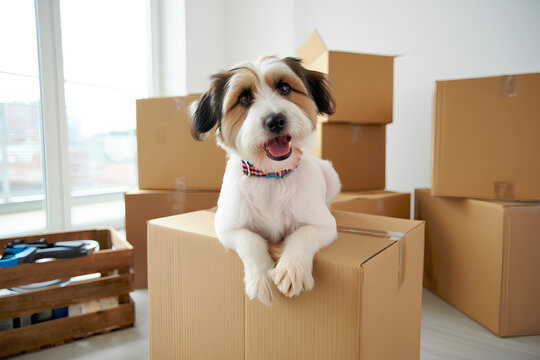 Cute domestic dog sitting on stacked moving boxes in bright empty room, showing playful pet behavior, home relocation, canine companionship, loyalty, adoption, interior space and new house atmosphere