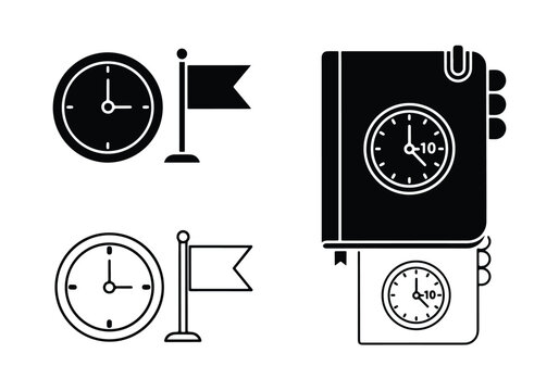 Time management icons clock flag calendar planning productivity - Vector icon symbol for website - Icon vector - Blue icon vector - Line and glyph solid icon set