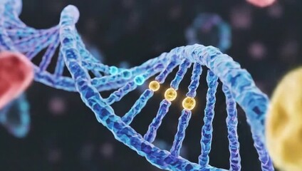 DNA Strand: A close-up view of a vibrant DNA strand, a symbol of life's blueprint, stands out against a blurred backdrop, representing the essence of genetics and scientific discovery.