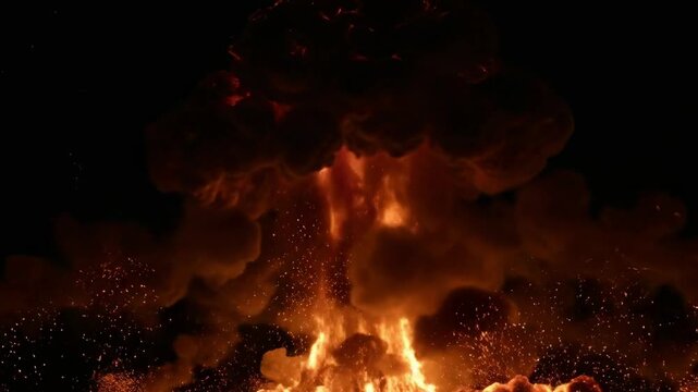 A powerful and dramatic large-scale explosion erupts in a dynamic display of intense flames, thick smoke, and vibrant flying sparks, all set against a pitch-black background. The expanding, fiery clou