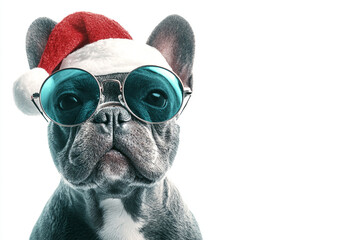 French bulldog wearing a santa hat and sunglasses with a white background