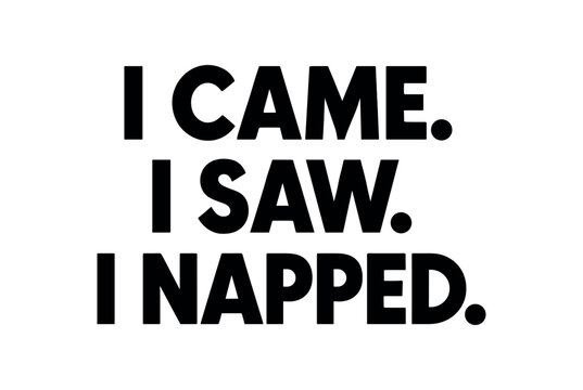 Playful bold typography with text I CAME I SAW I NAPPED geometric font isolated on white background minimal lettering funny quote style