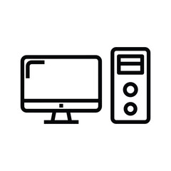 Line art icon of a desktop computer with a monitor and tower, isolated on