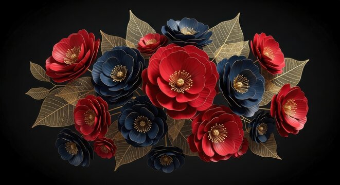 A striking arrangement of deep red and midnight blue artificial flowers with golden textured leaves against a dark background