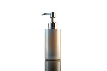 A sleek, modern silver lotion bottle with a chrome pump dispenser is showcased against a clean white background with a subtle reflection