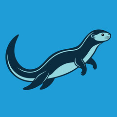 Stylized illustration of a dark blue otter swimming on a bright blue background