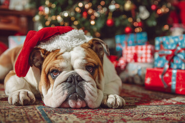 A tired bulldog wearing a santa hat rests in front of a decorated christmas tree surrounded by presents