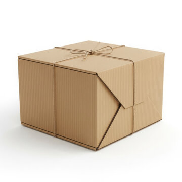 Brown cardboard box tied with string, parcel on white background