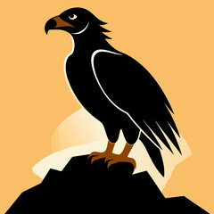 Stylized black eagle perched on a rock against an orange background