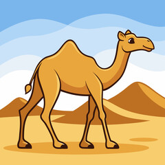 Cartoon camel walking through desert dunes under a blue sky
