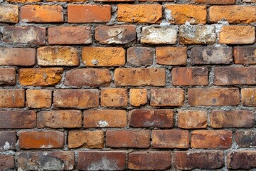 Fototapeta premium Rustic wall with weathered red and brown bricks. Diverse hues show aging and texture variations. Close-up view. Neural network AI generated