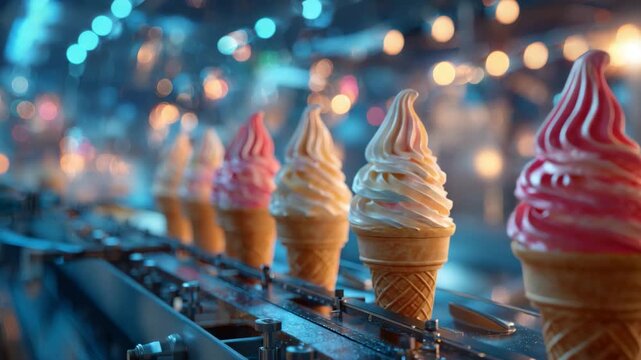 Strawberry and Vanilla Cones on Conveyor Belt