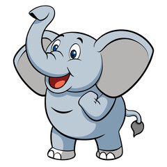 Happy cartoon elephant with trunk raised in greeting