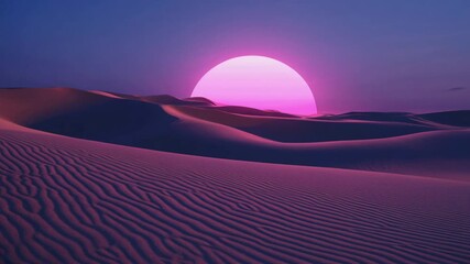 Retro Synthwave Desert at Sunset. Flying over purple sand dunes with a glowing pink sun.Seamless loop. - Powered by Adobe