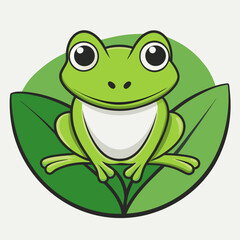 Cute cartoon frog sitting on a green leaf with a happy expression