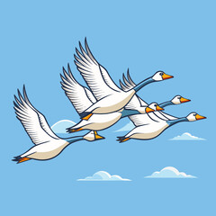 Flock of geese flying in formation against a blue sky