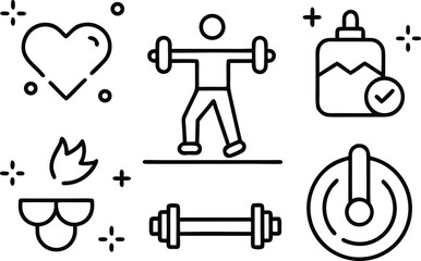 Fitness and health icons: heart, weightlifter, supplement, fire, dumbbell, power button