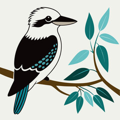 Stylized kookaburra bird perched on a branch with blue green leaves