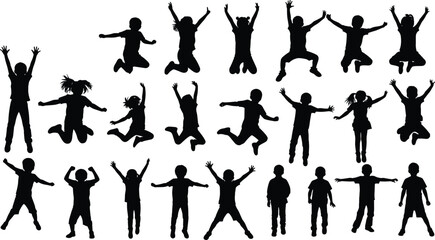 Children jumping silhouettes collection, active kids playing and celebrating, joyful child poses illustration set for education, fun, recreation, and creative design projects