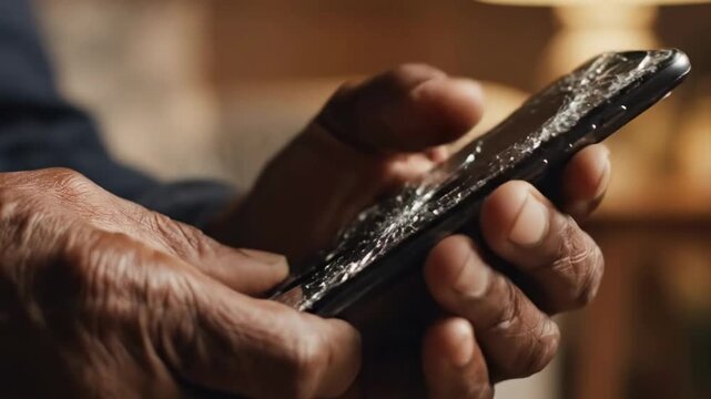 A close-up shot captures an individual's hands carefully holding a contemporary mobile device with a severely shattered and cracked screen. The intricate, spiderweb-like patterns spread across the dar