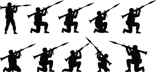 Silhouettes of soldiers with RPG launchers, military poses, tactical stances, combat readiness, warfare illustration, army training, defense concept
