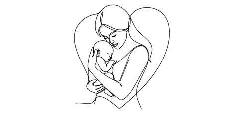 Obraz premium Continuous Line Mother Newborn Tender Embrace Heart Vector