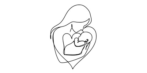 Continuous Line Mother Newborn Tender Embrace Heart Vector