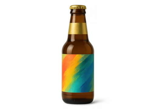 Beer bottle mocking up a rainbow brushstroke label for diversity and pride celebration on transparent background
