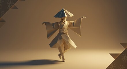 Origami figure in traditional Japanese clothing, performing a dance pose against a muted background.