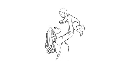 Fototapeta premium Mother Holding Baby Skyward Hope Minimalist Line Art Vector