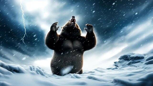 A snarling grizzly bear stands in the snow during a blizzard in the wilderness