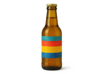 Beer bottle with colorful craft label strip design presenting beverage product in amber glass package