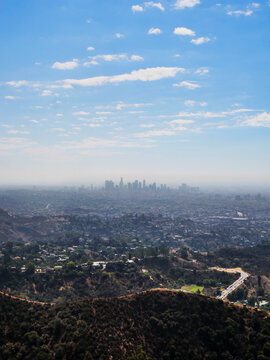 Skyline of Los Angeles as seen from the Wonder View Trailhead to Wisdom Tree on Cahuenga Peak during a summer season in Los Angeles, California, USA