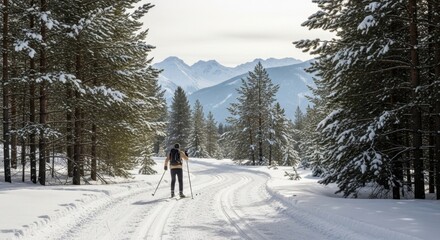 Man cross-country skiing on winding snowy mountain trail with pine trees. Winter sport, recreation active lifestyle in nature.