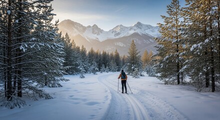 Man cross country skiing on a groomed trail through a snowy forest with majestic mountains in background. Winter sport activity.