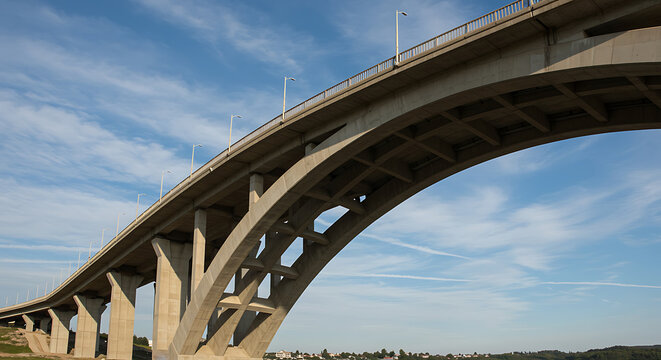Concrete bridge structure with arches against blue sky and cloudscape