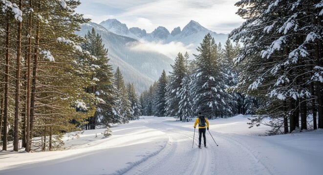 Man cross-country skiing on a snowy path through a winter forest with majestic mountains in the background. Winter sports and outdoor adventure concept. - Powered by Adobe