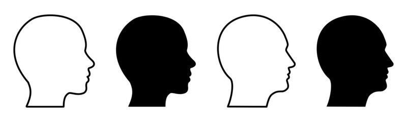Naklejka premium Human head silhouette in outline and solid style, woman and man heads side view, user avatar symbols, profile person sign