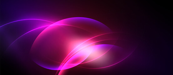 Abstract design features vibrant pink, purple glows. Overlapping circles create dynamic light effect against dark background. Smooth gradients dominate composition.