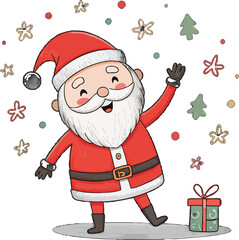 Happy Christmas holiday cartoon Santa Claus character with red hat, white beard, and a bag full of presents illustration, smiling in the snow
