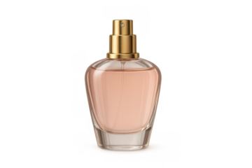 Pink perfume bottle with golden spray cap representing luxury, beauty, fragrance, and women's cosmetic product on transparent background