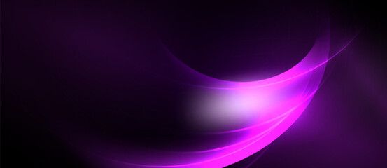 Abstract purple waves radiate from bright center. Smooth gradients create dynamic, flowing visual effect. Dark background emphasizes luminosity.