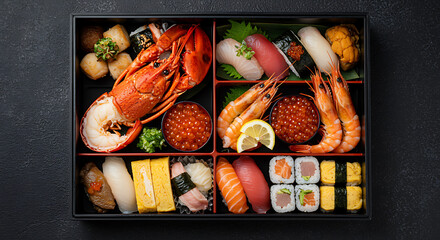 Delicious Japanese Seafood Bento Box with Lobster Shrimp and Sushi
