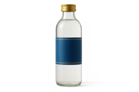 Clear liquor bottle with golden cap and blank blue label, perfect for product mockups and branding designs - Powered by Adobe