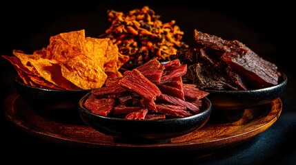 Assorted dried meats, snack on a dark background