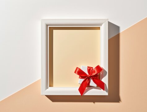 White picture frame showcasing small gift box with red ribbon