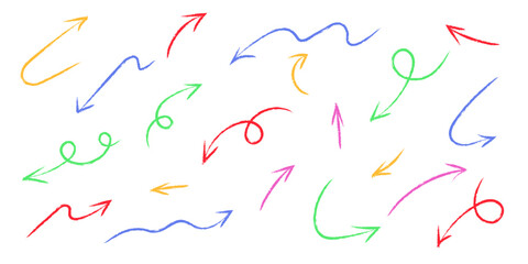 Colorful Arrows Doodle Set. Collection of multicolored handdrawn arrows in various curved shapes and directions. Playful doodle vector elements for infographic, presentation, creative design projec