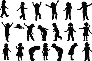 Children silhouettes, playful poses, dynamic movement, black vector illustration, jumping, dancing, walking, bending, childhood activity, energetic kids, fun design